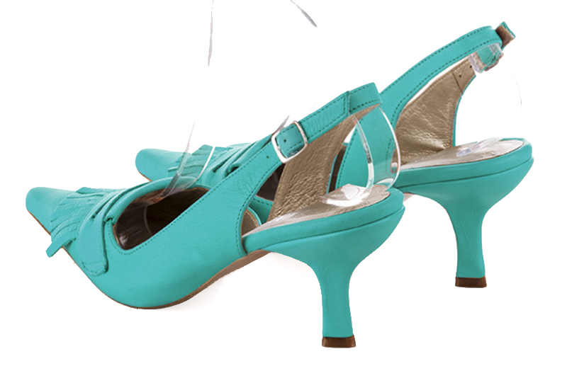 Aquamarine blue women's slingback shoes. Pointed toe. High spool heels. Rear view - Florence KOOIJMAN